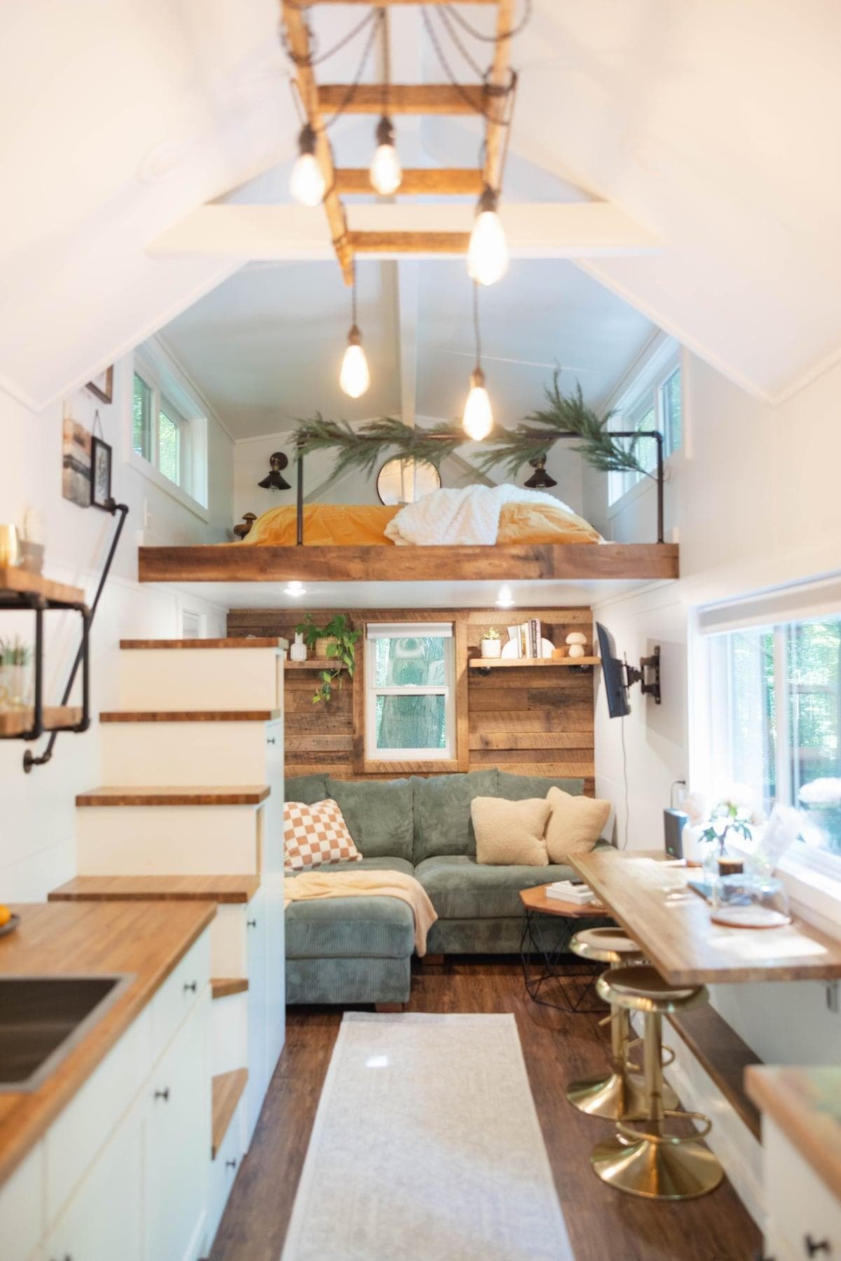 Relax under the unique ladder chandelier.