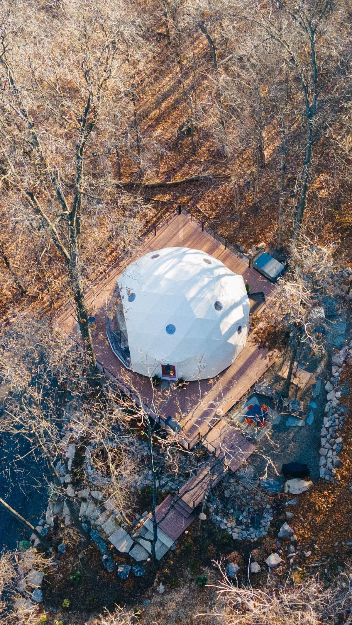 The dome seamlessly blends with the dreamy forest surroundings.